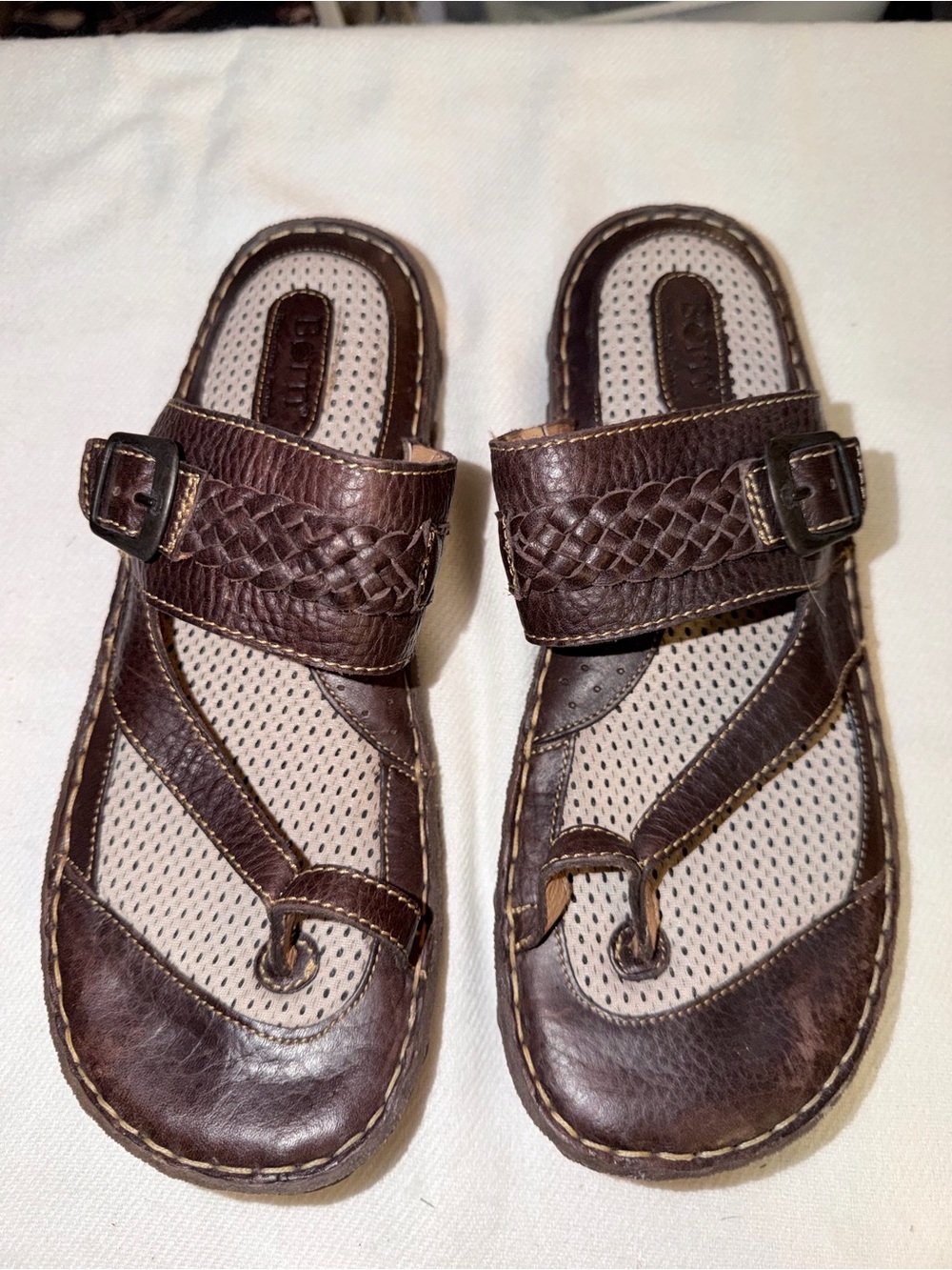 Born Brown Braided Leather Slide Sandals with Buckle